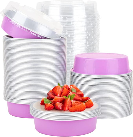 Beasea Disposable Mini Pans with Lids, 100 Pack 4” 8oz Light Pink Aluminum Baking Foil Tins Round Small Tart Container for Individual Cupcake Dessert Muffin Ramekin Cheesecake Quiche Oven Dishes by Beasea