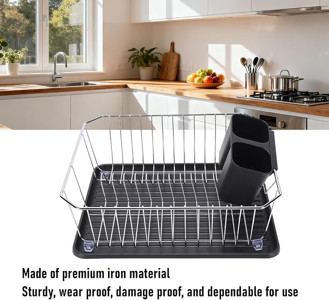 Asixxsix Dish Drying Rack, Anti Rust Coated Dish Drainer with Utensil Holder and Drainboard, Sink Organization and, 14" x 12" x 5" for Home and Apartment Decor (Silver) - Image 3