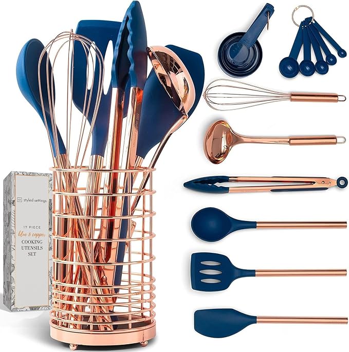 Styled Settings Copper and Blue Silicone Cooking Utensils Set, 17-Piece | Utensils Set with Copper Utensil Holder and Measuring Cups and Spoons for Stylish Cooking and Baking by STYLEDSETTINGS