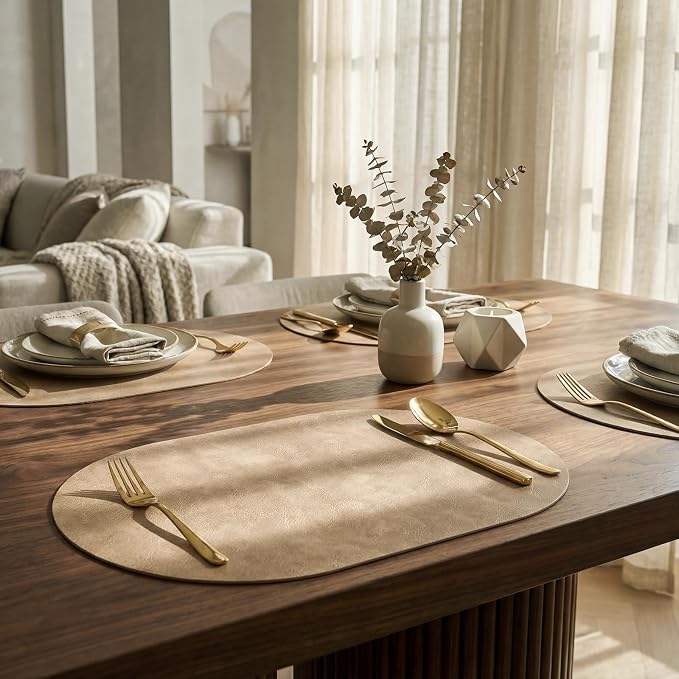 Placemats, Oval Placemats 2mm Ultra Thick Faux Leather Table Mats, Heat Resistant Waterproof Wipeable Dining Mats for Kitchen Table, Set of 4, Apricot - Image 5