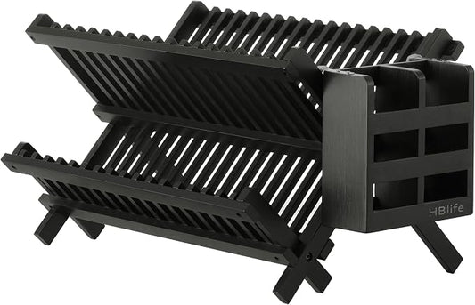HBlife Dish Rack, Bamboo Folding 2-Tier Collapsible Drainer Dish Drying Rack with Utensils Flatware Holder Set (Dish Rack with Utensil Holder) by HBlife