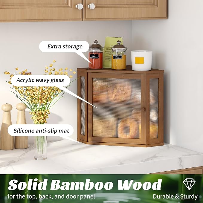 Corner Bread Box, Bamboo Bread Box for Kitchen Countertop, 2 Tier Wooden Bread Storage, Brown - Image 6