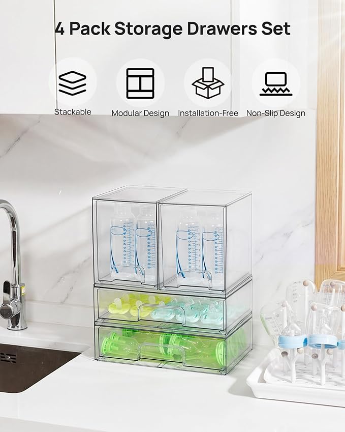 Vtopmart 8 Pack Stackable Storage Drawers Set, Clear Plastic Organizer Bins for Baby Bottle, Beauty Supplies Storage, Ideal for Kichen Countertop, Vanity, Bathroom, Cabinet, Pantry Organization - Image 3