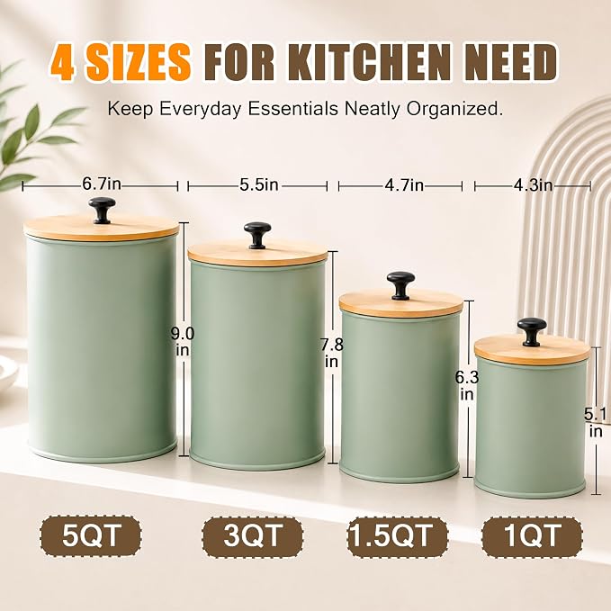 Kitchen Canister Set of 4 Airtight Metal Containers with Bamboo Lids, Green | Flour sugar coffee tea canisters set with bamboo lids, customizable chalkboard labels & marker pen - Image 2