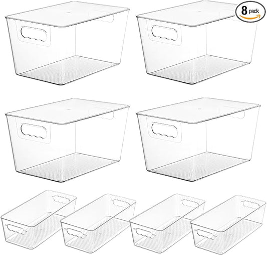 Vtopmart 8 Pack Clear Storage Bins with Lid Set for Pantry Organizer | 4 Large and 4 Small Plastic Pantry Storage Bins with Handle, Storage Containers for Pantry, Kitchen, Fridge, Cabinet by Vtopmart