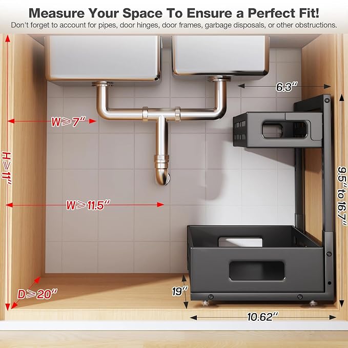 2 Pack 19IN-Depth Under Sink Organizer,Pull Out Cabinet Organizer With Smooth Cylindrical Rail,Metal Slide Out Drawer for Kitchen Bathroom Laundry,8-Level Tool Free Height Adjustable-Black - Image 2