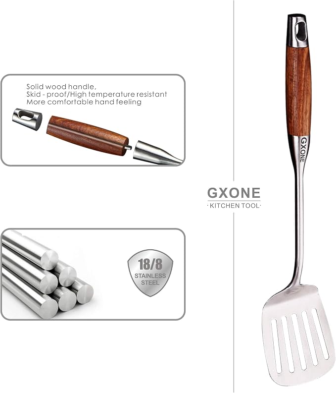 Slotted Turner/Spatula,for Skillet Grilling Cooking,Wooden Handle | 304 Stainless Steel Kitchen Utensil,Metal Spatula,Flipping Food,15.7 Inch - Image 3