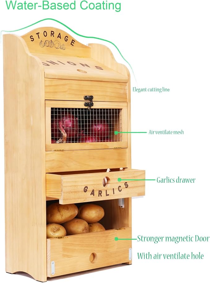 Potato Bin Veggie Organizer Rustic Pine Wood Potato, Onion & Garlic Storage Bin | Kitchen Organizer | Solid Wood Veggie Box | Compact Kitchen Box (13.77" L x 7.1" W x 29.3" H) - Image 2