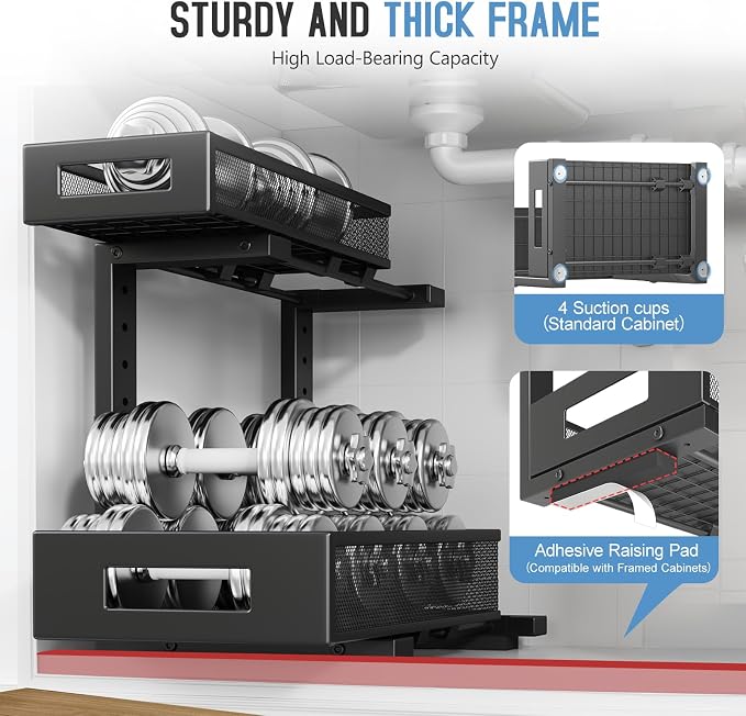 1 Pack-11.4"-16.14"H Under Sink Storage Organizer, Large 2-Tier Elegant Mesh Pull Out Shelf for Kitchen and Bathroom Cabinet Organization, L-Shaped and Adjustable Height Design for Maximum Space-Black - Image 3