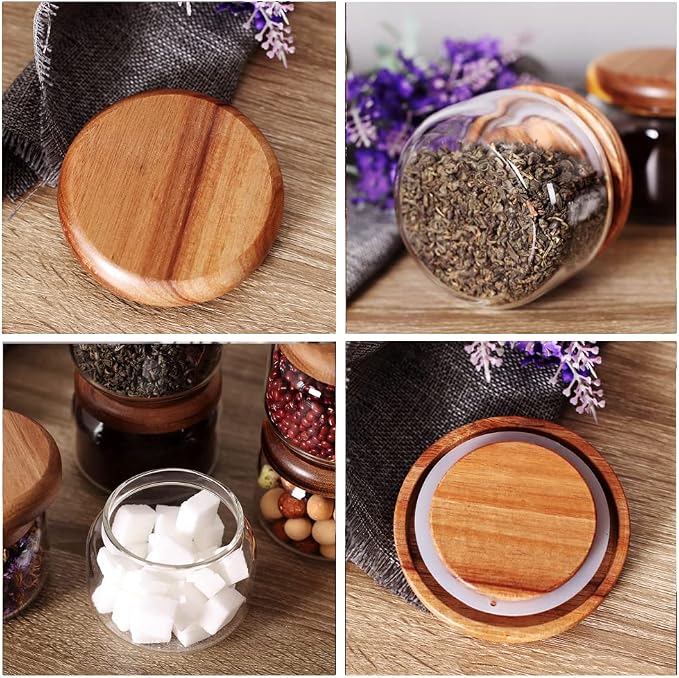 SAIOOL Kitchen Canisters Set of 6-8.5oz Glass Spice Jars With Acacia Airtight Lid and Labels Round Spice Bottles for kitchen Seasoning Baby Food Kids Snacks Meal Prep Containers Candle | Acacia Airtight Lid, Labels Included, Round Spice Bottles, Meal P... - Image 5