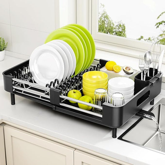 Urackify Extendable Stainless Dish Drying Rack for Kitchen Counter, Black | 13.78"W x 18.7"L, Foldable Drainboard for Space Saving, Knife and Utensil Holder, Fast-draining Spout by Urackify