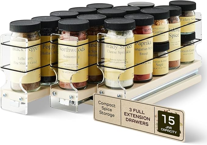 Cabinet Mounted Spice Rack Organizer - 3 Drawers,15 Reg. or 30 Half Sized Spice Jars - Pantry Organizers & Storage - Pullout Shelf for Kitchen Cupboard (6.9"W x 5.0''H x 10.6"D, Cream) by VerticalSpice