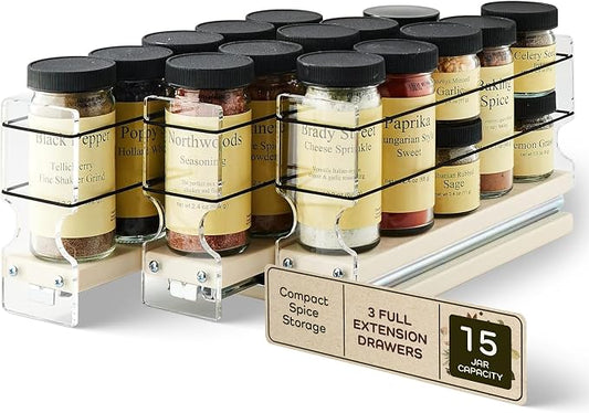 Cabinet Mounted Spice Rack Organizer - 3 Drawers,15 Reg. or 30 Half Sized Spice Jars - Pantry Organizers & Storage - Pullout Shelf for Kitchen Cupboard (6.9"W x 5.0''H x 10.6"D, Cream) by VerticalSpice