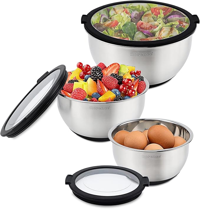 Mixing Bowls with Lids Set, Non Slip Silicone Bottom Stainless Steel Mixing Kitchen Bowls for Baking/Storage, Dishwasher Safe, 5/3/1.5QT | Non Slip Silicone Bottom, Dishwasher Safe, 5/3/1.5QT by Rorence