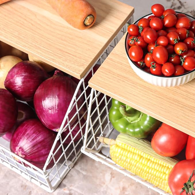Mefirt White Fruit Bowl, 2-Tier Fruit Basket for Kitchen Counter, Stackable Wall Mounted Veggie Storage, Snack Organizer, Potato and Onion Storage Basket, Hanging Pantry Organizer with Wood Lid, 2 Set - Image 5