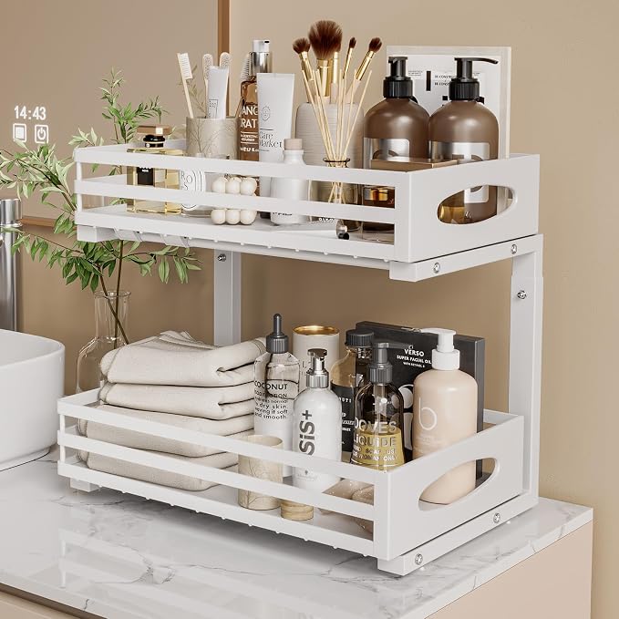 Under Sink Organizer, 2 Tier Under Sink Organizers and Storage, Adjustable Height, Slide out Metal Cabinet Organizers, Pull out Cabinet Storage Drawer Shelf for Kitchen Bathroom (White, 1 Pack) - Image 8