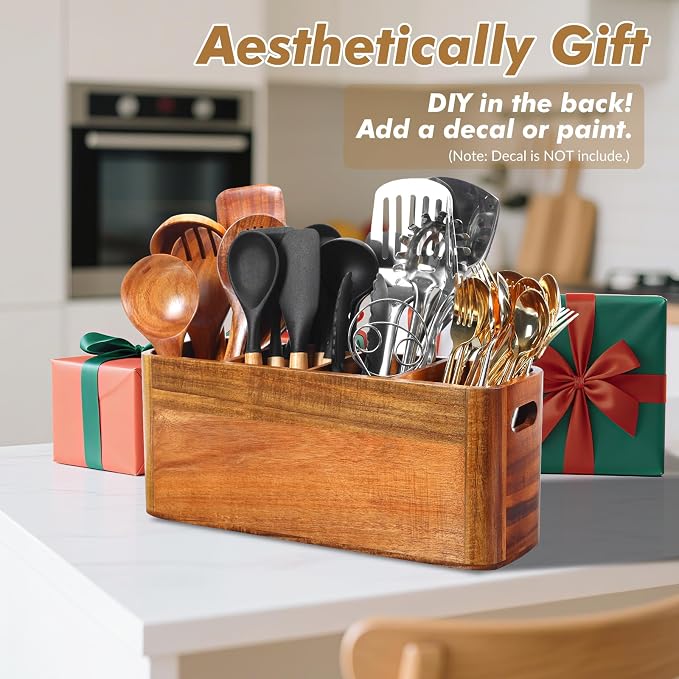 Kitchen Utensil Holder for Counter or Countertop, Extra Large Acacia Wood Organizer with 4 Compartments, Wooden Storage for Cooking and Silverware, Rustic Minimalist Decor, Sturdy Utensil Crock - Image 6
