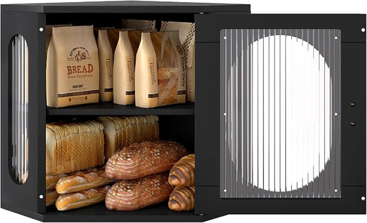 Alpeir Corner Bread Box for Kitchen Countertop, 3 Adjustable Height, Black | Solid Pine Wood, Hold 2 Loaves, Strong Acrylic Window, Easily Care, Farmhouse Pantry Container for Home Baker, Family of 4 by AlpeirDirect
