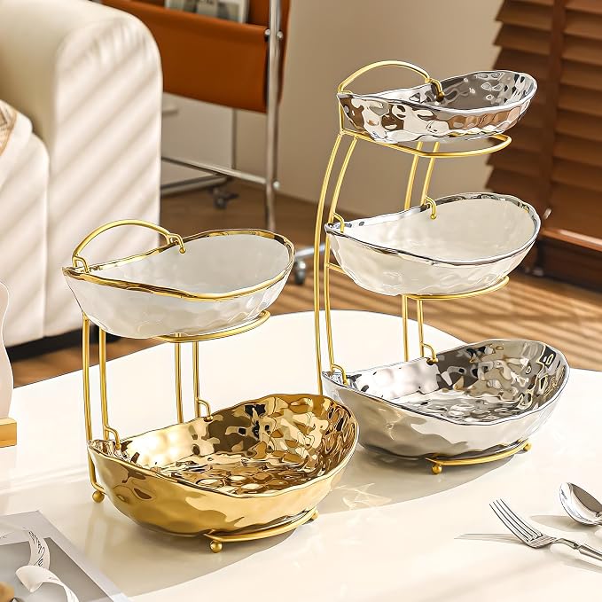 XUDREZ 2 Tier/ 3 Tier Fruit Bowl with Metal Stand for Kitchen Counter, Ceramic Gold Silver, Portable Tiered Fruit Basket Fruit Rack for Nuts, Snacks, Bread, Candy Storage (Silver, 3 Tier) - Image 4