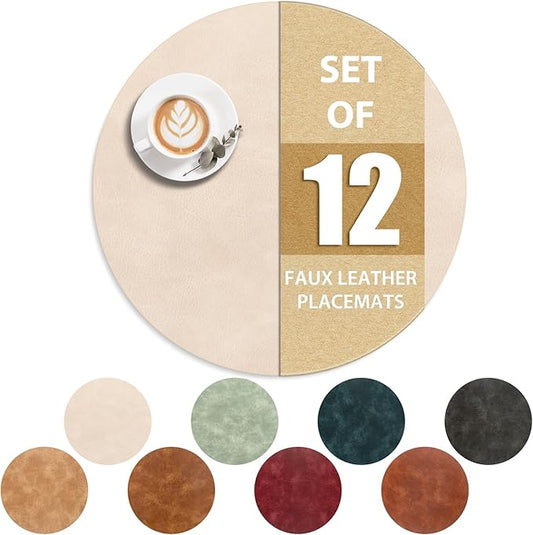 ADRIMER Placemats, Heat Resistant Round Placemats Set of 12 Washable, Waterproof Table Mats, Wipeable Faux Leather Place Mats for Kitchen, Dining Room, Beige by Adrimersdreamistobeanindispensablecompanioninyourlife