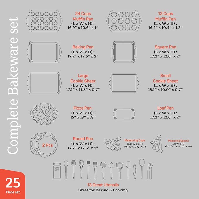 Emporio Kitchen Baking Pan Set - Nonstick Coating, Carbon Steel Bakeware Set with White Silicone Handle, PFOA, PFOS, PTFE Free, Recipe Booklet Included, Oven Safe Tray (Up To 450° F) Set of 25 - White - Image 2