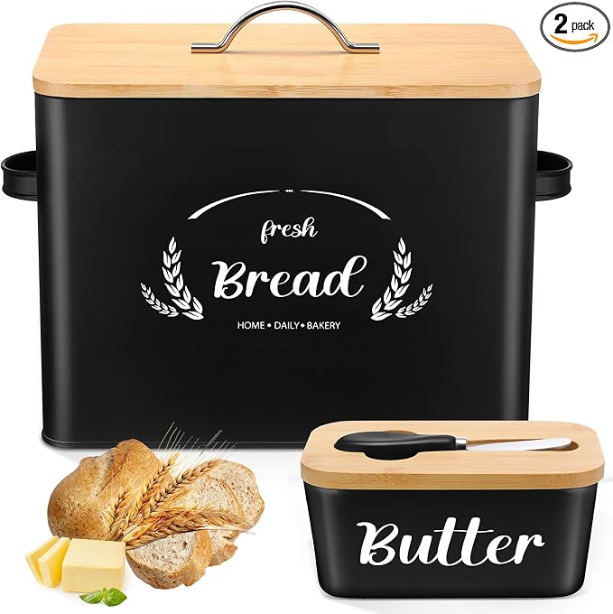 Qinyoung 2 Pcs Large Bread Box Set for Kitchen Countertop with Ceramic Butter Dish Holder Bamboo Lid Knife Metal Bread Holder Farmhouse Kitchen Storage Container for Home Housewarming Gift(Black) by Qinyoung