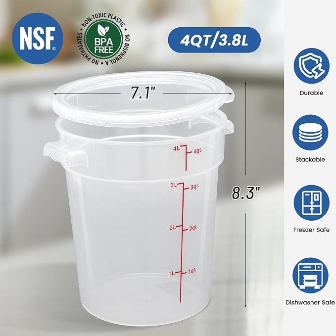4 Pack 4QT Round Food Storage Containers with Lids | NSF, BPA-free PP containers with scale, label and measuring cup, stackable for prep, storage, freezer. Dishwasher safe - Image 2