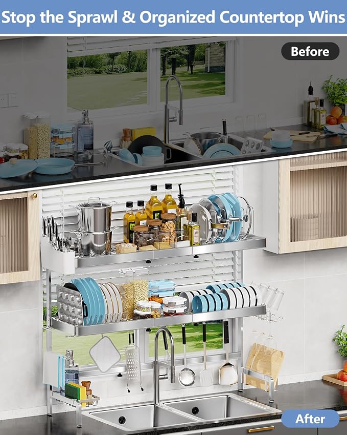 3 Tier Extra Large Over The Sink Dish Drying Rack, Expandable Stainless Steel Dish Drainer with Multifunctional Organizer, Space-Saving Above Sink Dish Rack with Large Capacity for Kitchen Counter - Image 7