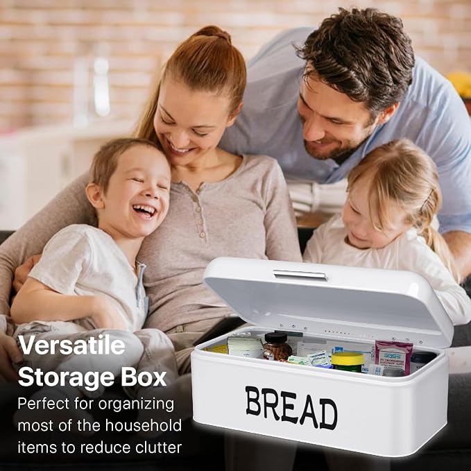 Flexzion Large Vintage Metal Bread Box for Kitchen Countertop, White | Bread Bin Storage Set Includes a White Butter Dish and Stainless Steel Butter Knife - Image 5