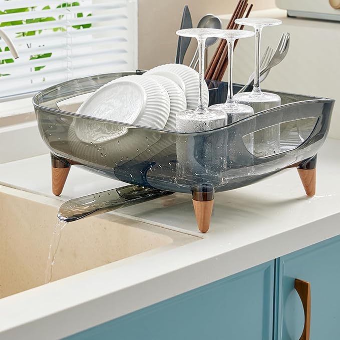 Dish Rack, Dish Drying Rack for Kitchen Counter, Dish Drainer with Drainboard Set and Utensil Holder, Sink Drying Dish Strainer Rack (Transparent Black) - Image 5