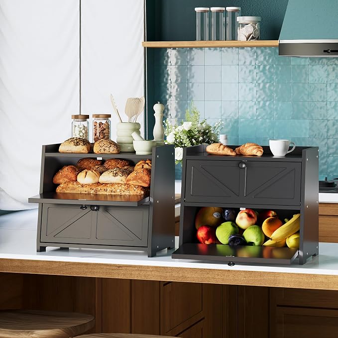 Trironsun Vintage Double Layer Bread Box for Kitchen Counter Bamboo Bread Storage Container Large Capacity Bread Storage Bin (Black) - Image 6