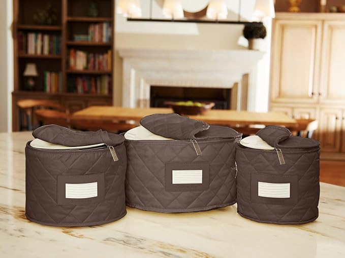 Covermates Keepsakes Dish Storage Set – Padded China & Dinnerware Storage Cases with Dividers, Cup & Stemware Storage, Quilted Polyester Protection, ID Window, Bronze - Image 4