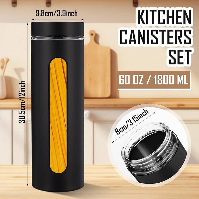 Patelai 6 Pack Kitchen Canisters Set Airtight Stainless Steel Canister Food Storage Container with Window Glass, Coffee Sugar Candy Jars Tea Organizer for Flour Cookies Spice (Black,60 oz) - Image 2