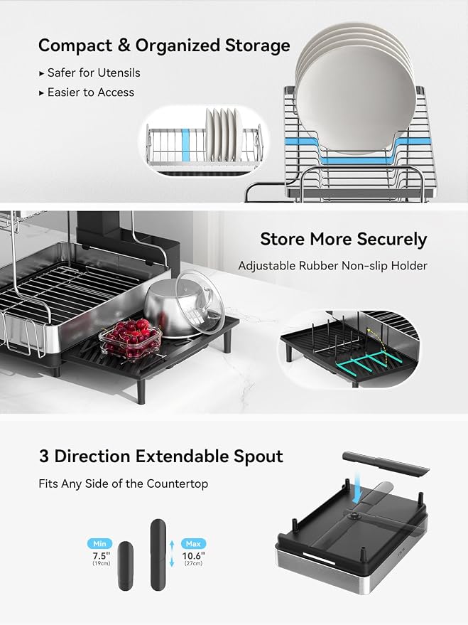 2 Tier Dish Drying Rack, Extra Large Dish Rack, Expandable Dish Racks for Kitchen Counter, Multifunctional Large Dish Drainers for Kitchen Counter, Black - Image 6