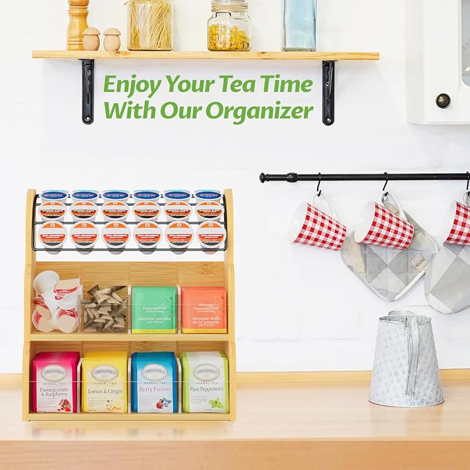 LASZOLA Bamboo Tea Bag and Coffee Holder Organizer for Cabinet Counter | 3 Tier Large Capacity, Vertical K Cup and Tea Packet Storage Rack, Sturdy Display Stand, Easy Assemble - Image 5