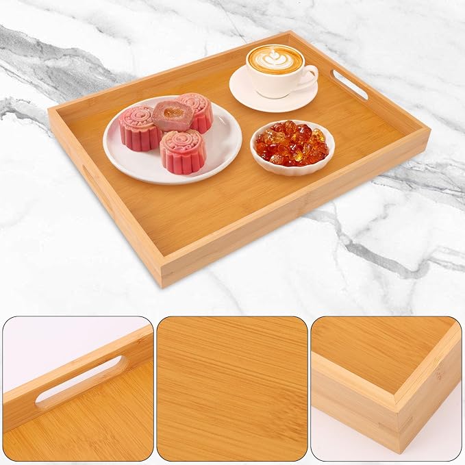 4 Pack Large Bamboo Serving Tray with Handles - 18 x 13 Inch Wooden Dinner Tray, Home Kitchen Decorative Tray, Breakfast Trays for Eating on Couch, Lap Trays, Coffee, Kitchen, Picnic - Image 3