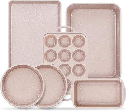 Vinino 6-Piece Baking Pans Set Nonstick, Bakeware Set includes Silicone Muffin, Loaf, Cake Pans with Metal Reinforced Frame. And includes Carbon Steel Roasting Pan, Cookie Sheet for Oven by VININO