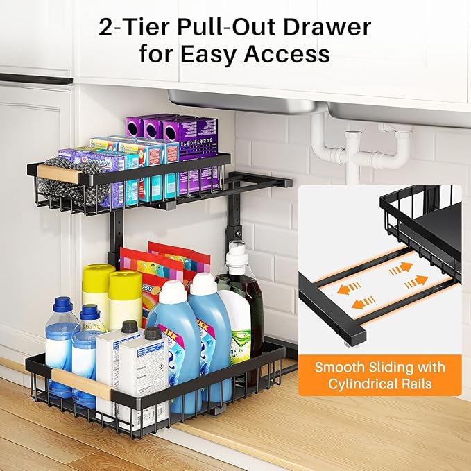 PXRACK Under Sink Organizer, Adjustable Height, 2 Tier Pull Out Under Cabinet Organizer, Slide Out Thickened Metal Under Sink Storage for Kitchen Bathroom Laundry Pantry Cabinet, Black, Large-1-Pack - Image 3