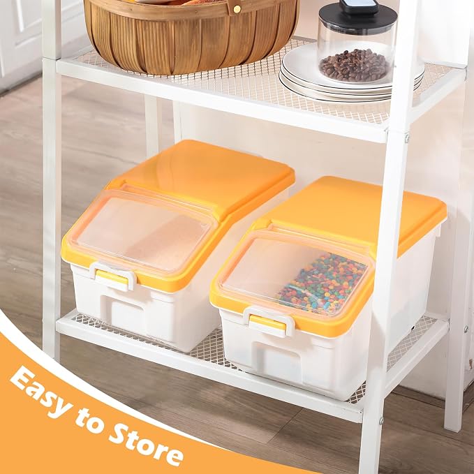 4 Pcs Rice Storage Containers Bulk Flour Sugar Container Wheels Measuring Cups Set Airtight Pet Dog Cat Birds Food Bin Grain Cereal Organizer Box for Dry Baking(Yellow,22 lb) - Image 7