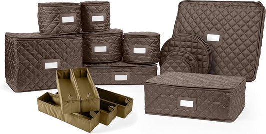 Covermates Keepsakes Dish Storage Set – Padded China & Dinnerware Storage Cases with Dividers, Cup & Stemware Storage, Quilted Polyester Protection, ID Window, Bronze by Covermates