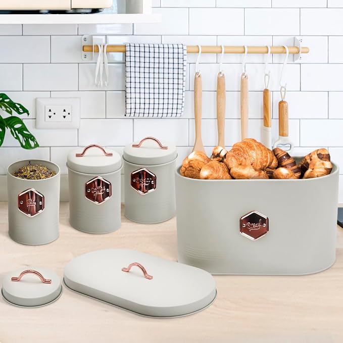 Bread Box for Kitchen Countertop with Coffee Sugar Tea Storage Containers, Bread Box and Canisters Set for the Kitchen with Lid, Beige - Image 6