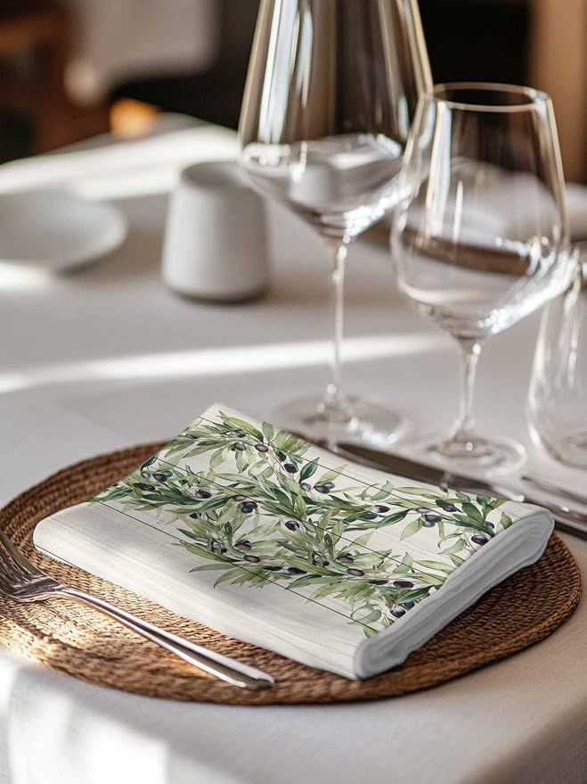 Kitchen Dinner Napkins Set of 4, Vintage Olive Leaf Cloth Napkins Reusable Washable Table Napkins for Weddings Cocktail Parties Holiday Table Decor 20x20 Inch Farmhouse Wooden Grain - Image 7