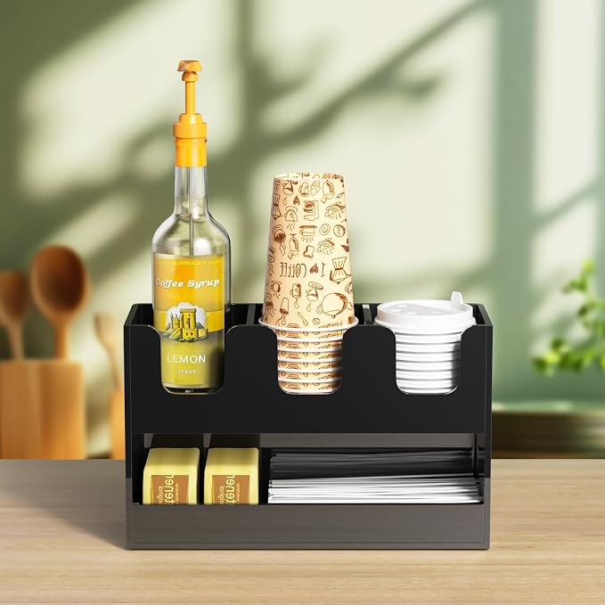 Beego 4-Compartment Cup Holder for Countertop - 2-Tier Black Acrylic Cup Dispenser Coffee Station Paper Cup and Lid Organizer Condiment Storage for Restaurant Breakroom Kitchen Bar Accessories - Image 6