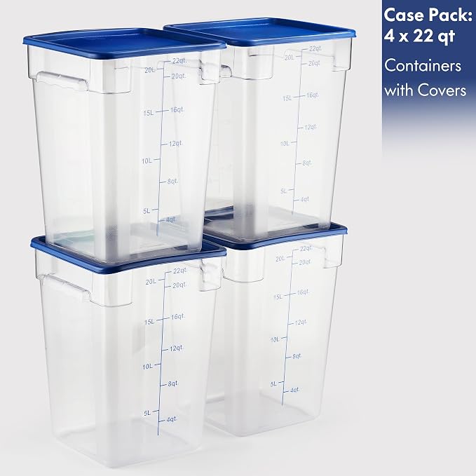 4 Pack Food Storage Containers with Blue Lids - NSF Listed Commercial Grade in 22.0 Qt - Square, Clear, Polycarbonate - Image 2