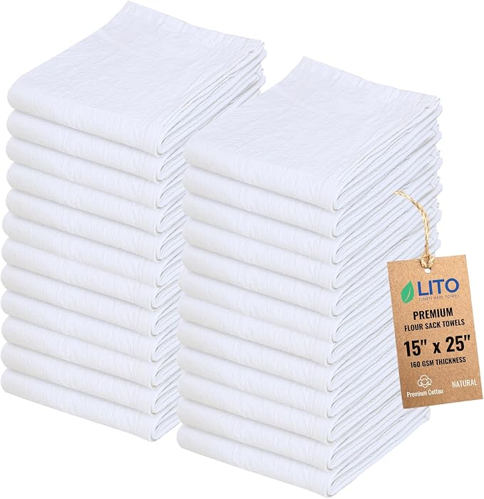 Flour Sack Towels – 24 Pack Cotton Kitchen Dish Towel, Tea Towels for Crafts, Embroidery, Baking, Bread Proofing – Thick, Absorbent, Quick-Dry – 15"x25" Natural by LITOLinenandTowel