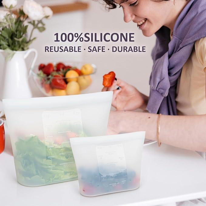8-Pack Reusable Silicone Food Storage Bags, 100% Silicone Stand-Up Wide-Open Zip-Lock Reusable Storage Bags for Food, Freezer Microwave Oven Dishwasher Safe, Translucent, 4M 2S 2XS - Image 2