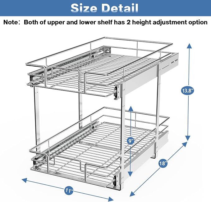 LOVMOR 2 Tier Individual Pull Out Cabinet Organizer 11" W x 18" D, Slide Out Kitchen Cabinet Storage Sliding Shelves - Image 3