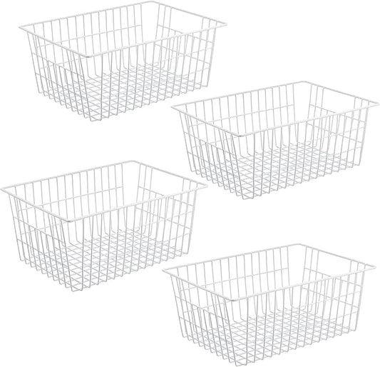 Wire Storage Freezer Baskets, Set of 4 Large 15.4" Farmhouse Organizer Storage Bins Fridge Basket Rack with Handles for Kitchen Cabinets, Pantry, Office, Bathroom Organization - White by iPEGTOP