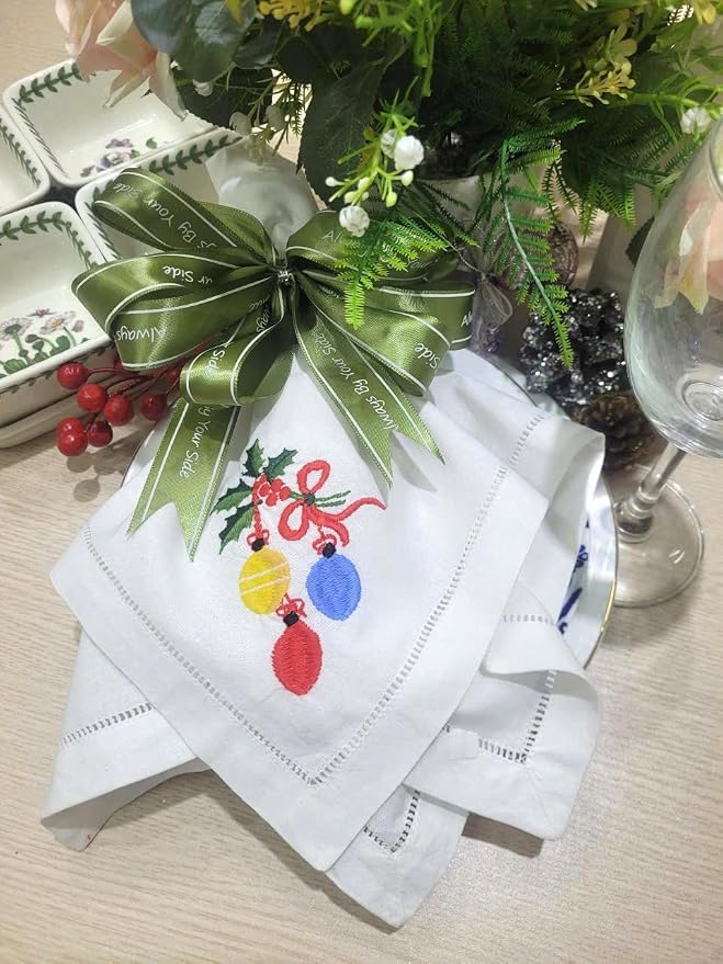 – Embroidered Cloth Napkin Balloons & Holly Christmas Cotton Napkins Set of 6, 20 x 20”, Hemstitch Table Napkins, Machine Washable, Daily & Holidays, Great Gift Ideas - Image 5