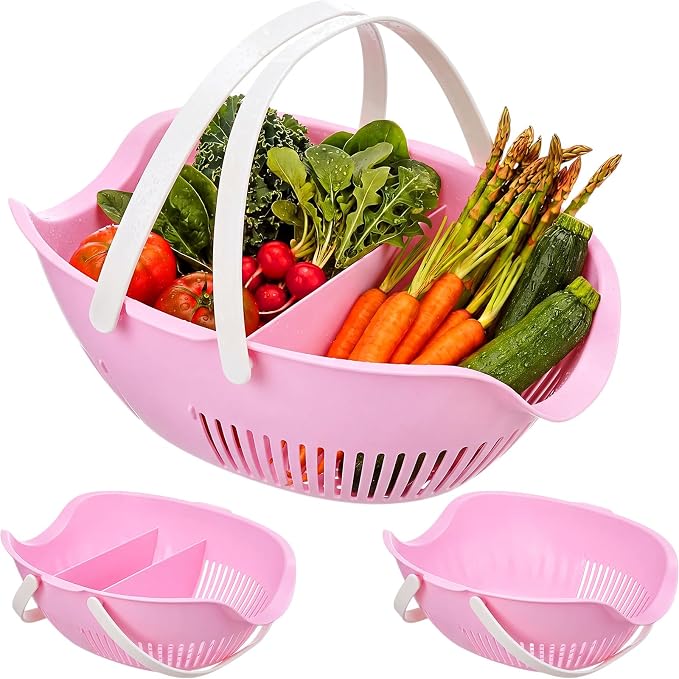Nuogo 3 Pcs Garden Harvest Basket Removable Partitions with Tool Caddy for Collecting Carrying and Cleaning Harvesting Basket Doubles Colander for Vegetables and Fruits Garden Accessories (Pink) by Nuogo